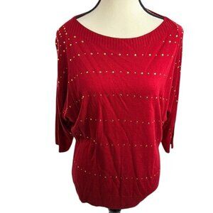 New York & Company Sweater Womens Size M Red Gold Studded Dolman Sleeve Pullover